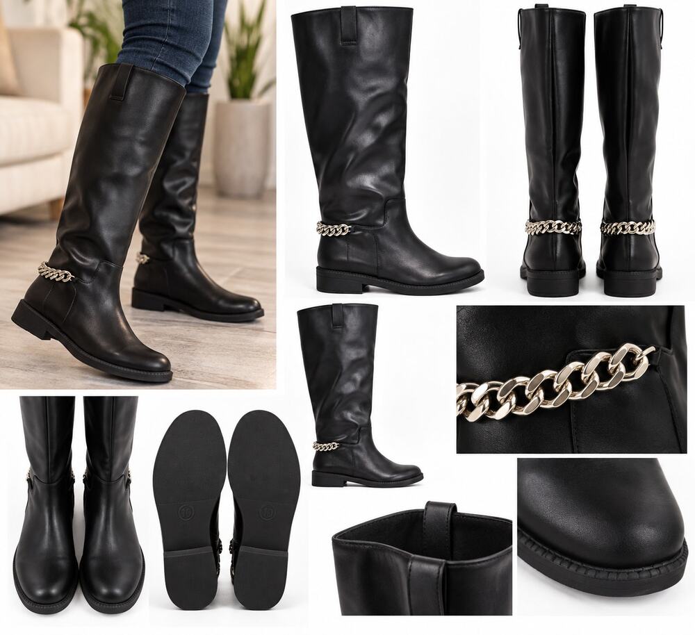 Womenโs Black Knee-High Chain Accent Boots โ Size 10